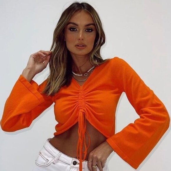 Princess Polly Ada Drawstring Top Blue Ruched Bell Sleeve Blouse Size Medium - Picture 2 of 7